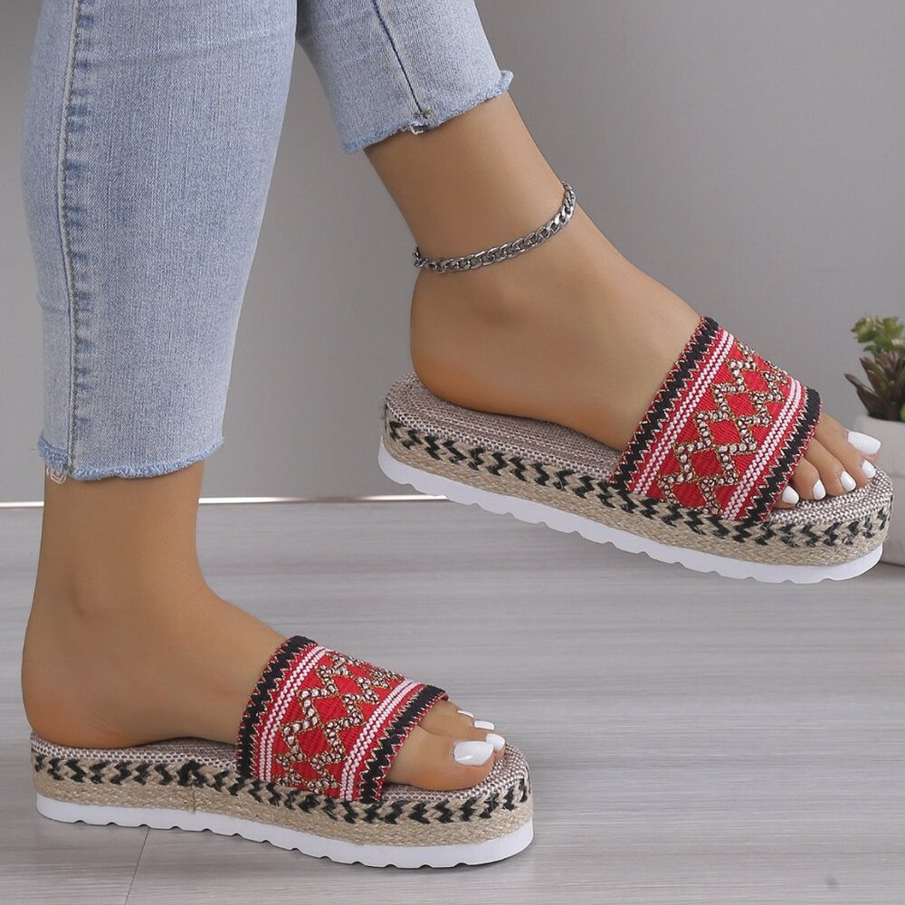 Geometric Weave Platform Sandals in Red